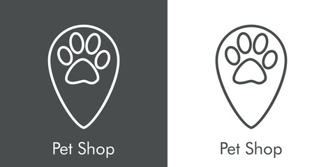Tienda de mascotas. Logotipo lineal pisada de perro en puntero en fondo gris y fondo blanco © teracreonte