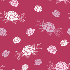 Vector Peony Flowers with Leaves on Carmine Red seamless pattern background.