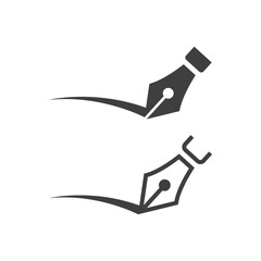Logotipo pluma caligrafía con línea dibujada a mano en en estilo contorno y relleno  - obrazy, fototapety, plakaty
