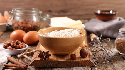 baking food ingredient- flour, butter, egg and spices