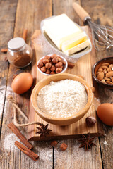 Fototapeta na wymiar baking food ingredient- flour, butter, egg and spices