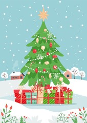 Christmas tree with gifts and winter landscape. Cute vector illustration in flat style