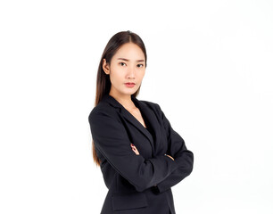 A pretty young Asian business woman in black suit.