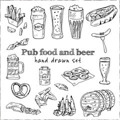 Pub food and beer Menu doodle icons on chalkboard. Vector illustration