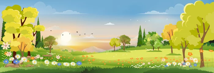 Gardinen Spring landscape in village with green field and sunset,Vector flat cartoon rural farmland with mountain and forest, pink and blue sky, Natural scene in countryside,Panorama view on sunny day Summer © Anchalee