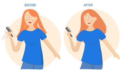 Girl holding hairbrush with her hair. Vector illustration of hair problems.
