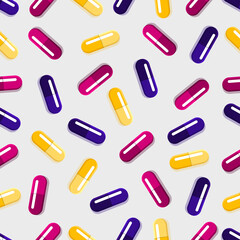 Medical pills seamless pattern, medicine vector on grey background.