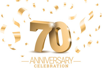 Anniversary 70. gold 3d dancing numbers. Poster template for Celebrating 70th anniversary event party. Vector illustration