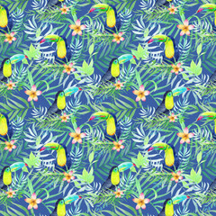Fototapeta na wymiar Watercolor Toucans Seamless pattern with tropical leaves on blue 