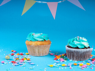 Gourmet colorful cupcakes topped with blue buttercream frosting