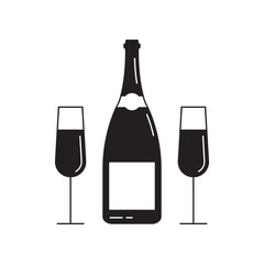 Champagne wine bottle icon with two glasses. Line silhouette. New Year, wedding celebration symbol. Vector illustration.