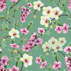 Branch flowers peach with orchid on green background.  Elements painting in watercolor. Floral seamless pattern.