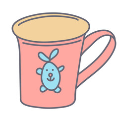 Baby cute mug decorated with a little rabbit in color doodle style. Flat style with outline. Hand drawn vector illustration isolated on white background. Pastel colors, pink, blue, beige.
