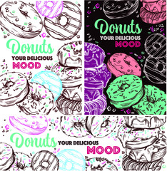 Vector postcards with donuts. Banners and covers. Donuts in a linear style. Delicious pastries and delicious donuts.