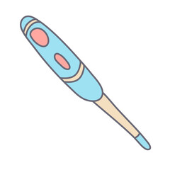 Baby digital thermometer in color doodle style. Flat style with outline. Hand drawn vector illustration isolated on white background. Pastel colors, pink, blue, beige.