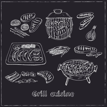 Grill cuisine Menu doodle icons on chalkboard. Vector illustration