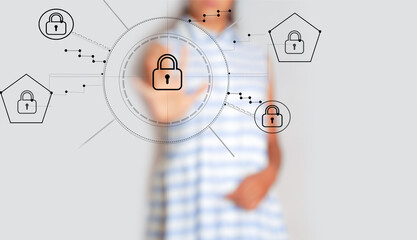 woman on blurred background protecting her data with thin line security interface. business concept