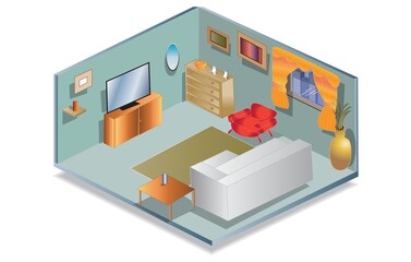 Isometric Living room furnished with Furniture