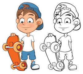 Vector Illustration of a Cute Cartoon Character Boy Skateboarder  for you Design and Computer Game. Coloring Book Outline Set Skateboarding
