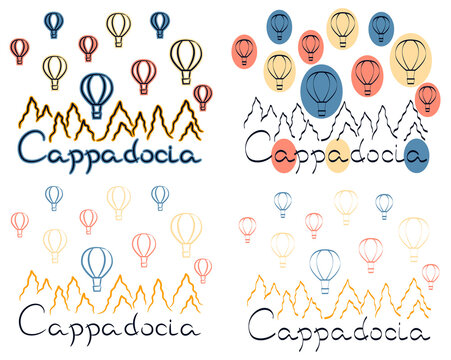Cappadocia Turkey balloons mountain sketch with felt-tip pen grunge vector illustration