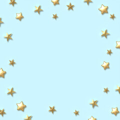 3d illustration golden stars glitter on blue background.