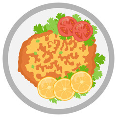 Wiener schnitzel garnished with lemon and parsle on Plate Concept,  Icon, National Dish of Austria Sign,Traditional cuisine Symbol, Gourmet food cooking and restaurant menu 