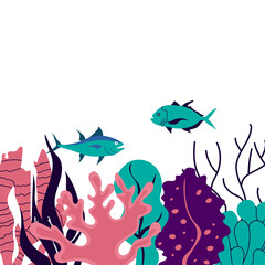 Sea Life with Underwater Algae and Fish Floating Vector Composition