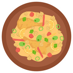 Chicken Tagine on Platter concept, Tajine potter vector icon design, National Dish of Algeria Sign,Traditional cuisine Symbol on White Background, Gourmet food cooking and restaurant menu item, 