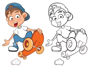 Raamstickers Vector Illustration of a Cute Cartoon Character Boy Skateboarder  for you Design and Computer Game. Coloring Book Outline Set Skateboarding © liusa