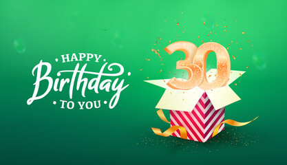 30 years anniversary vector banner template. Thirty years jubilee years with paper box on a green background. 