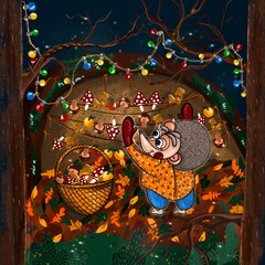 Illustration of forest life. The mushroom picker is a hedgehog.