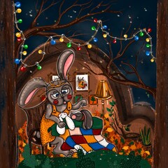 Illustration of forest life. The hare is a leader in a cozy house.