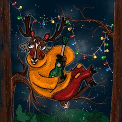 Illustration of forest life. Deer musician.