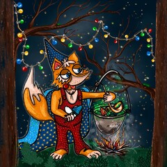 Illustration of forest life. Fox is a wizard in a mysterious forest.