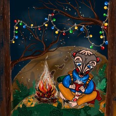 Illustration of forest life. Badger traveler by a mysterious fire.