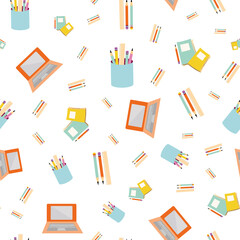 Vector laptop, pencils, notebooks seamless pattern background. Tossed backdrop of school items and digital computer equipment. Hand drawn all over print for school, college, working from home concept.