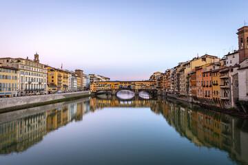 Florence, Medieval Ponte Vecchio (Old Bridge) and the River Arno,UNESCO world heritage site, Tuscany Italy, Europe.
