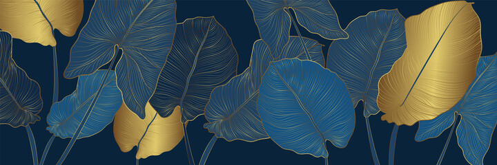 Luxury gold and nature blue background vector. Floral pattern, Golden split-leaf Philodendron plant with monstera plant line arts, Vector illustration. © TWINS DESIGN STUDIO