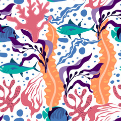 Underwater Creature and Marine Life with Fish and Sea Weeds Seamless Vector Pattern