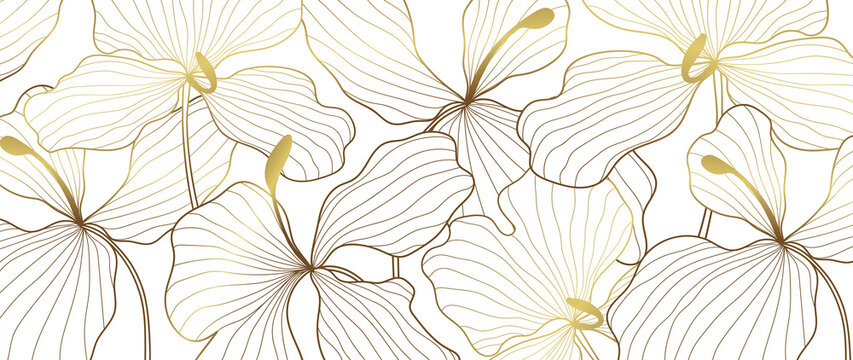 Luxury elegant gold orchids Flower line arts pattern   on white background. Topical flower wallpaper design, Fabric, surface design. Vector illustration.