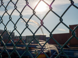 Fototapeta premium フェンス越しに見る太陽とススキ 本牧ふ頭