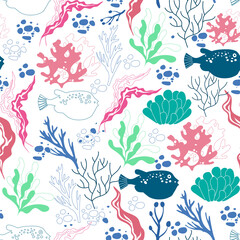 Underwater Creature and Marine Life with Fish and Sea Weeds Seamless Vector Pattern