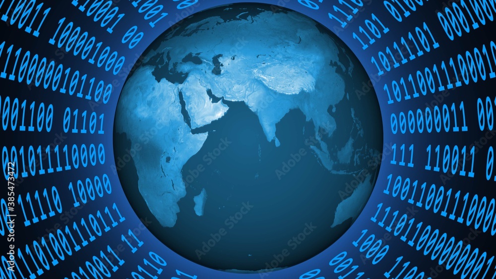 Poster earth globe inside a virtual cylinder made of binary code - graphic elements in blue color - 3d illu