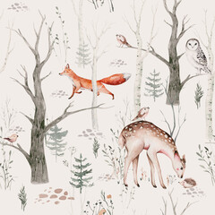 Watercolor Woodland animal Scandinavian seamless pattern. Fabric wallpaper background with Owl, hedgehog, fox and butterfly, rabbit forest squirrel and chipmunk, bear and bird baby animal, - 385473632