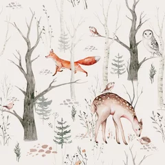 Stickers pour porte Chambre de bébé Modèle sans couture scandinave animal aquarelle Woodland. Fond de papier peint en tissu avec hibou, hérisson, renard et papillon, écureuil de forêt de lapin et tamia, bébé animal ours et oiseau,