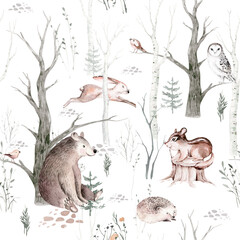Watercolor Woodland animal Scandinavian seamless pattern. Fabric wallpaper background with Owl, hedgehog, fox and butterfly, rabbit forest squirrel and chipmunk, bear and bird baby animal, - 385473685