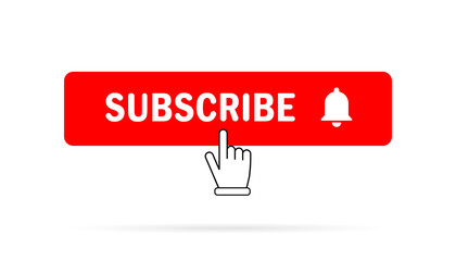 Subscribe, bell button and hand cursor. Red button subscribe to channel, blog. Social media background.