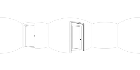 spherical panorama of the interior, contour visualization, 3D illustration, sketch, outline
