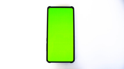 Smartphone with green screen, green screen phone on white, telephone on white, phone with green screen
