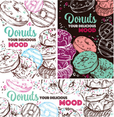 Raster postcards with donuts. Banners and covers. Donuts in a linear style. Delicious pastries and delicious donuts.
